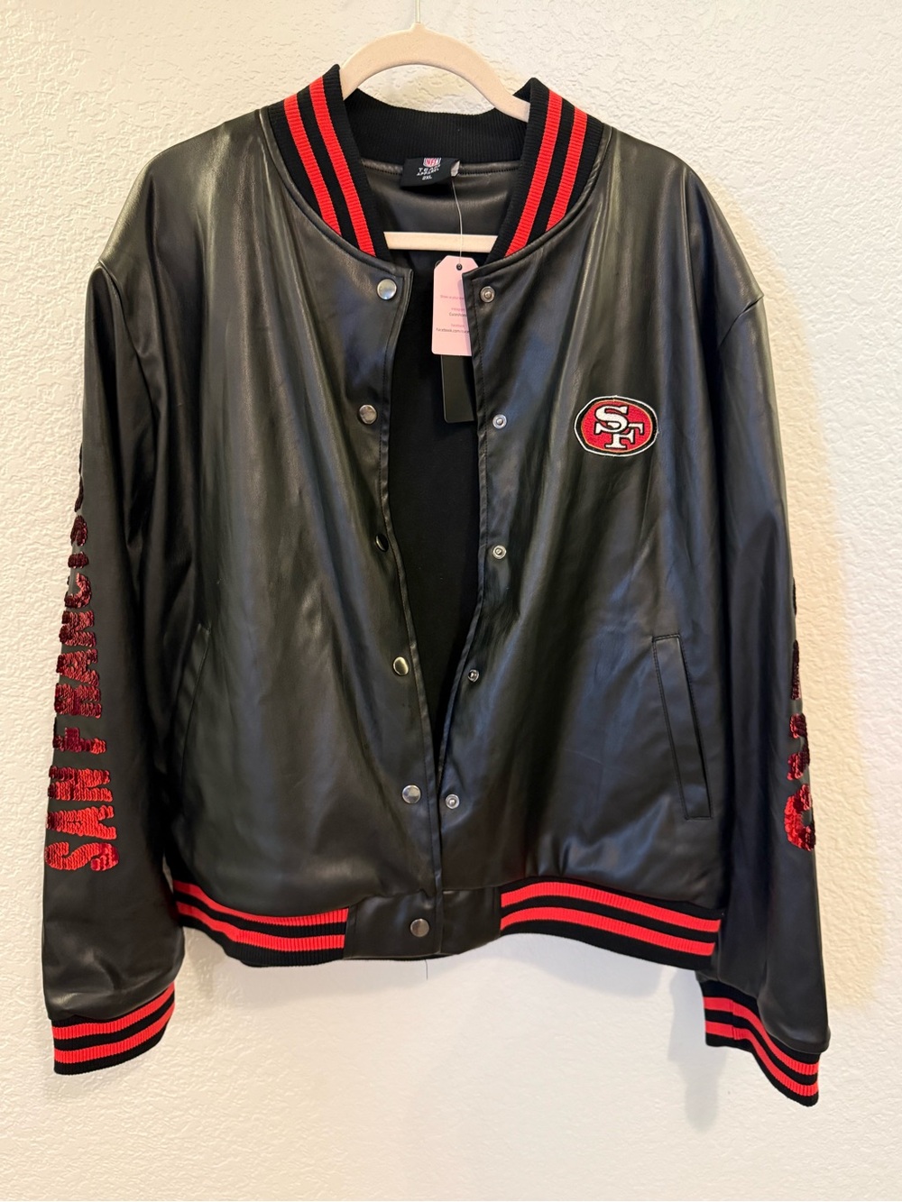 NWT San Francisco 49ers Sequin Faux Leather Bomber Jacket Women’s 2XL NFL